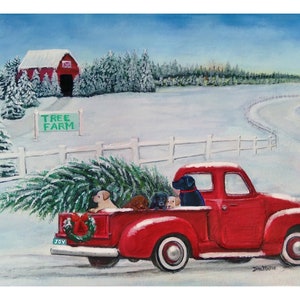 Labrador retrievers christmas tree truck holiday greeting card - labrador puppies holiday christmas greeting card from original painting -