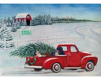 Labrador retrievers christmas tree truck holiday greeting card - labrador puppies holiday christmas greeting card from original painting -