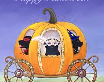 Black labs halloween card - pumpkin labradors painting