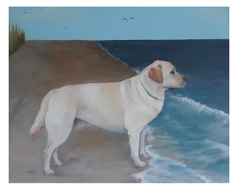 Yellow Labrador Painting Card: Beach Scene Note Card