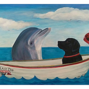 Black labrador & dolphin in boat card - black dog card from original painting