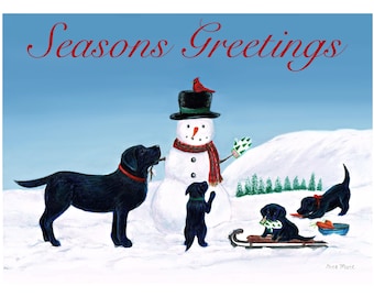 Black Labrador retriever holiday card - labrador and puppies holiday christmas greeting card painting - greeting card