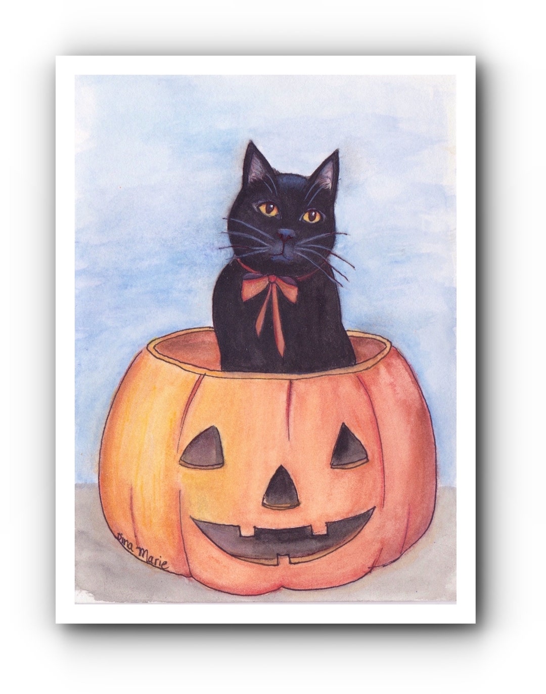 Black Cat Pumpkin Halloween Card From Original Watercolor Illustration ...