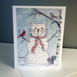 Snow cat holiday card - original watercolor painting of a cat snowman christmas card