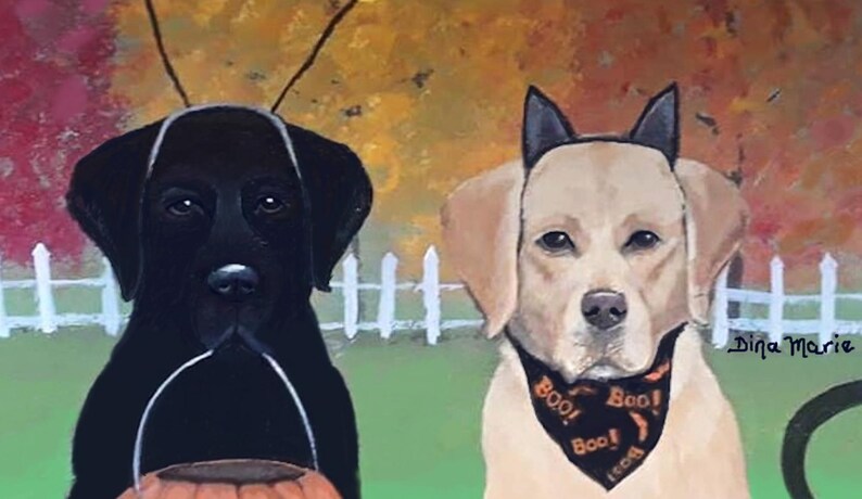 May include: A painting of two dogs, a black Labrador and a yellow Labrador, set against a fall background. The black dog holds a pumpkin-shaped basket. The yellow dog wears a black bandana with "Boo!" text.