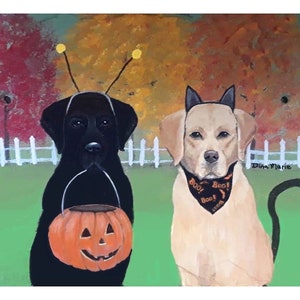 Halloween black lab yellow lab trick or treat dog costume card- labrador card from original painting