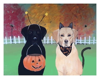 Halloween Labrador Card: Black & Yellow Labs in Costume