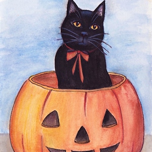 black cat pumpkin halloween card - from original watercolor illustration