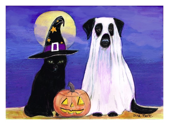Halloween Black Cat Dog Ghost Card: Pet Lover Gift