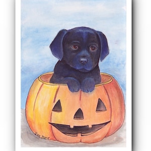 Black Lab Halloween Card: Puppy in Pumpkin Watercolor Painting