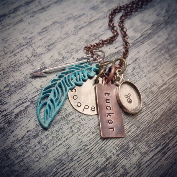 Rustic Feather and Arrow Charm Necklace