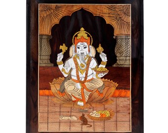 Wooden Wall hanging Lord Ganesh Embossed 7 Inch By 19 inch Painting Wooden Inlay Mysuru Paintings, No Color Used