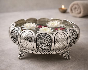 Handcrafted German Silver Urli Bowl, Intricate Floral Embossing, Pooja Decor