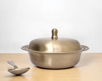 Handcrafted Kansa Serving Bowl with Lid and Spoon, Traditional Ayurvedic Tableware