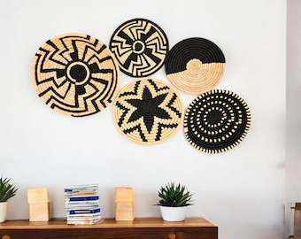 Handwoven Sabai Grass Wall Baskets, Boho African Decor Set, Natural Fibre Art
