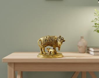 Brass Kamdhenu Cow Calf Statue, Sacred Motherhood Spiritual Decor