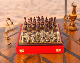 Brass Roman Figurine Chess Set, Wooden Board, Handmade Intellectual Game