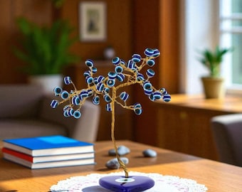 Handcrafted Evil Eye Wishing Tree, Blue Gemstone Protection Decor