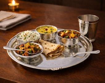 Silver-Plated Brass Thali Set, Handcrafted Indian Dinnerware, Ornate Traditional Dining