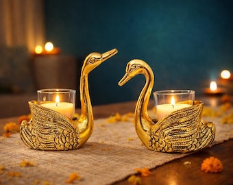 Handcrafted Aluminum Swan T-Light Holder Set, Elegant Festive Decor Candle