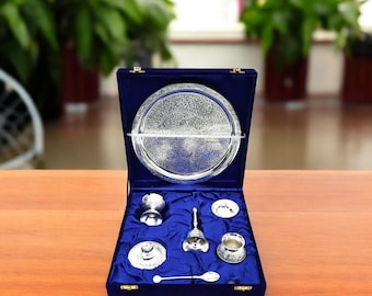 Handcrafted Silver Plated Brass Pooja Thali Set, Intricate Floral Design, Complete Ritual Utensils