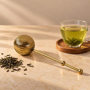 May include: A gold-toned metal tea infuser with a spherical, perforated mesh head and a long, slender handle featuring two small decorative spheres. Beside the infuser lies a small pile of loose-leaf tea and a glass cup filled with brewed tea.