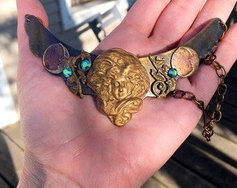 Vintage Mystic Green Opal Glass Earrings Set in Oxidized Brass