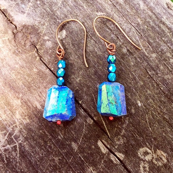 The Light Fantastic-Mystic Lapus Lazuli Earrings with Hand-Oxidized Brass and Metallic Turquoise Czech Glass