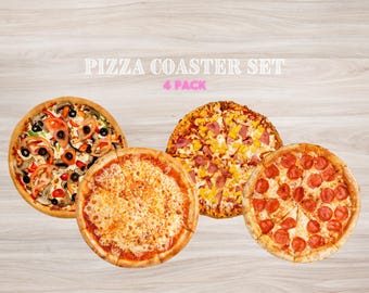 Pizza Coasters Set of 4 – Cheese, Pepperoni, Veggie & Hawaiian, Fun Foodie Drink Coasters, Pizza Lover Gift, Kitchen Decor, Novelty Gift