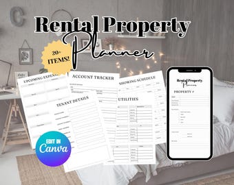 Pianificatore di proprietà in affitto - Organizzatore per proprietari e monitoraggio di entrate e spese, modello Canva modificabile, gestione immobiliare, download immediato
