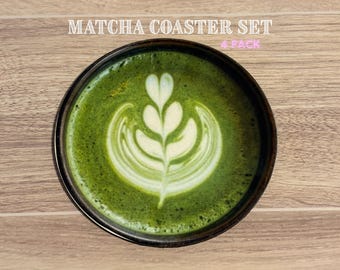 Matcha Latte Coaster 4 Pack – Green Drink Coaster, Trendy, Novelty Gift, Office Decor, Kitchen Decor, Birthday, Christmas, Matcha Lovers