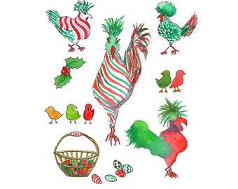 Christmas Chickens fine art print Kitchen Art