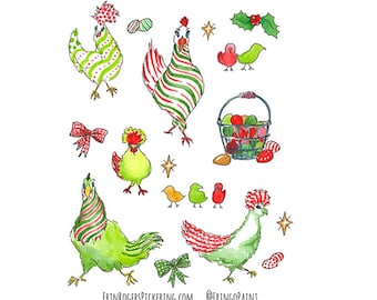 Christmas Chickens 2 fine art print Farmhouse Christmas