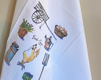 Artist Cotton Flour Sack Towel printed with Farmyard illustration