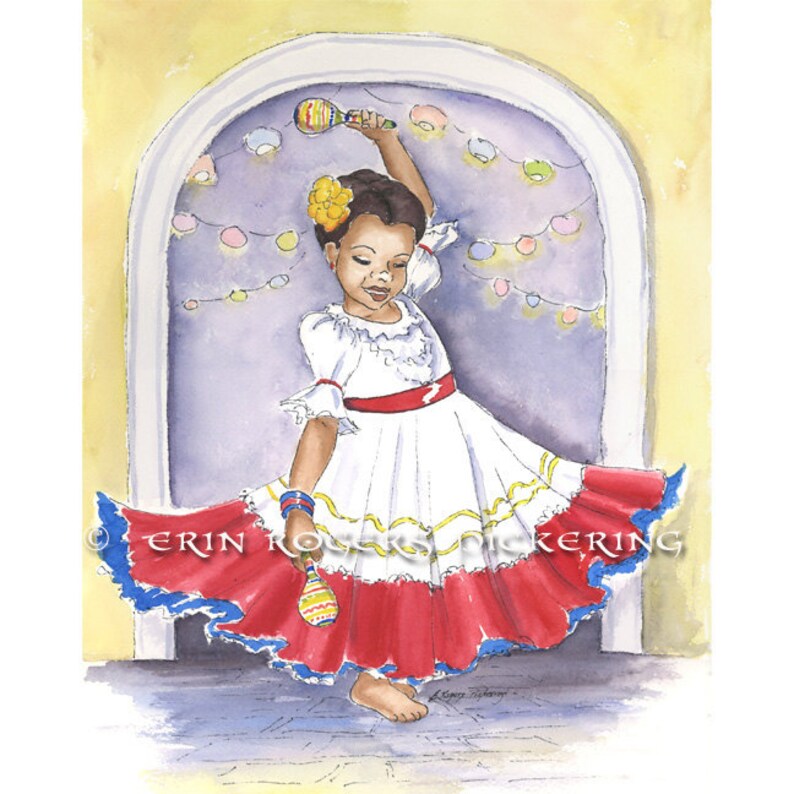 May include: A young girl in a white dress with red and blue trim dances with a maraca in front of a doorway decorated with string lights. The girl is wearing a yellow flower in her hair. The text "ERIN ROGERS PICKERING" is visible in the lower right corner of the image.
