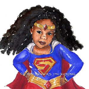Super Girl Natural Hair Red and Blue 8x10 Art Print image 2