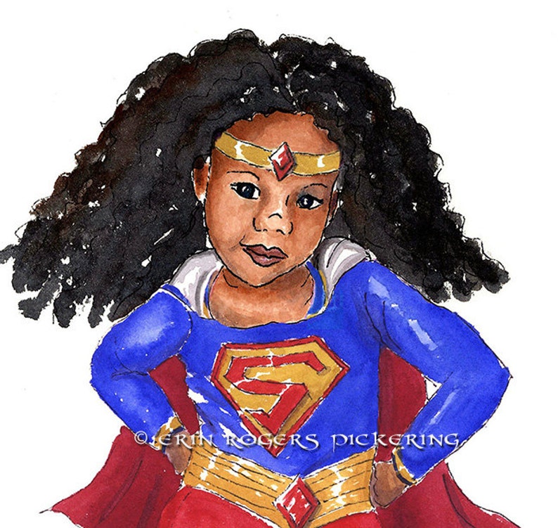 Super Girl Natural Hair Red and Blue 8x10 Art Print image 2