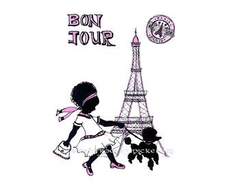 Bon Jour Parisian Girl with Afro Silhouette Giclee Art Print
