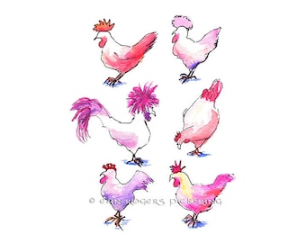 Pink Chickens art print 11x14 Giclee Limited Edition Prints