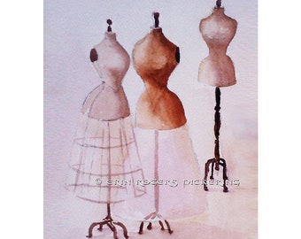 Printable pdf of Vintage Dress forms watercolor painting 8x10