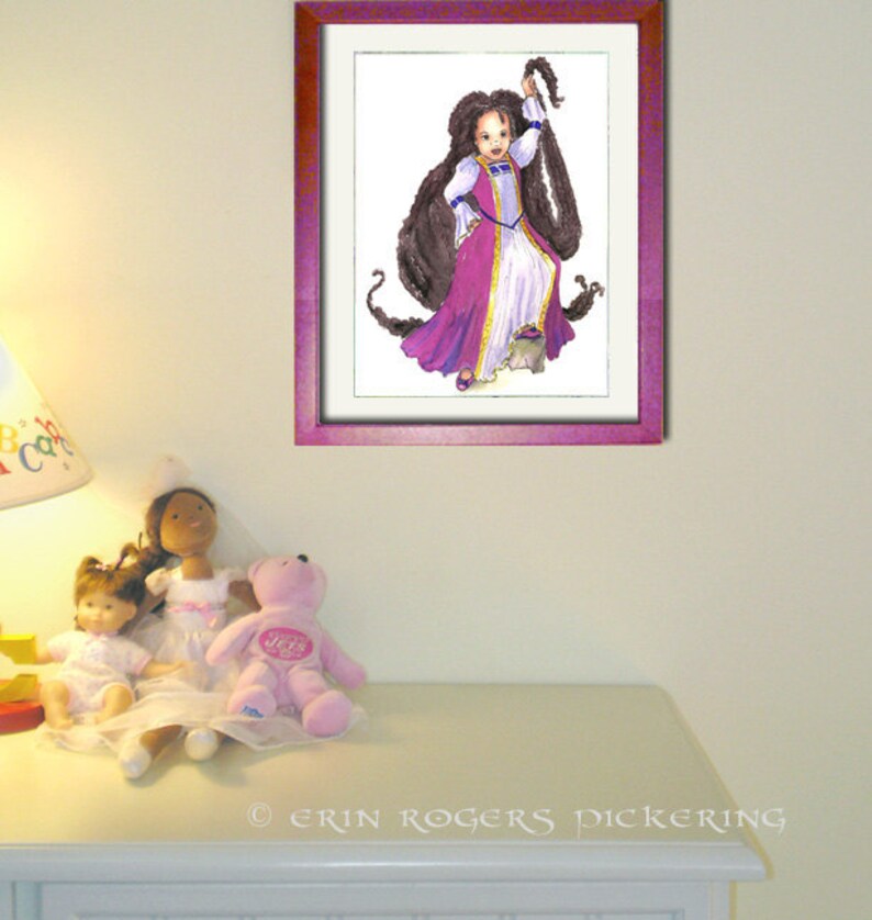 African American Rapunzel with Twists PINK gown modern fairy tales art Print image 5