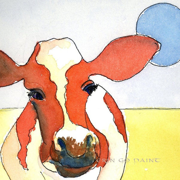 Cow Print with Mat from my original watercolor painting Contemplating the Blue Moon