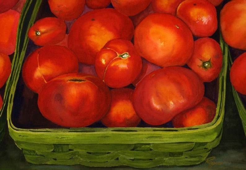 Red Tomatoes Green Basket 8x10 Print from original watercolor painting image 2