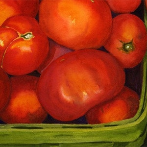 Red Tomatoes Green Basket 8x10 Print from original watercolor painting image 1