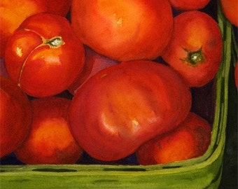 Red Tomatoes Green Basket 8x10 Impression à partir d’une peinture à l’aquarelle originale