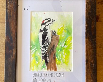 Woodpecker original watercolor 5x7 illustration in 8x10 wood frame