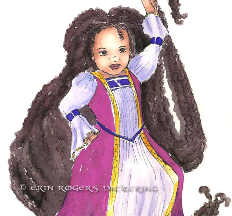 African American Rapunzel with Twists PINK gown modern fairy tales art Print image 3
