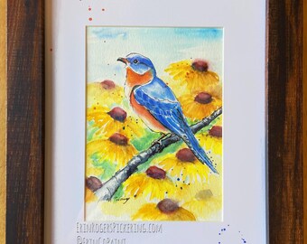 Bluebird original watercolor 5x7 painting in 8x10 wood frame