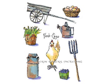 Impressão de belas artes de cozinha de casa de fazenda de ovos frescos