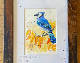 Blue Jay original watercolor 5x7 illustration in 8x10 wood frame